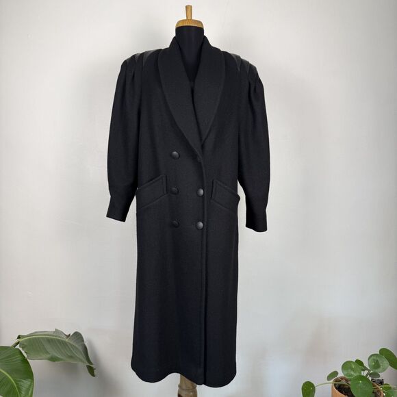 Vintage Jofeld 80s Double Breasted Black Wool & Leather Trench Coat USA ILGWU - Picture 5 of 14